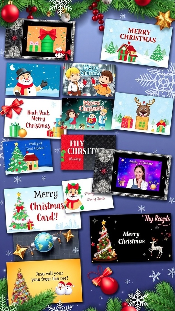 A collection of creative virtual Christmas card designs with festive elements.